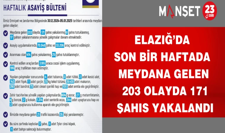 Elazığ’da Son Bir Haftada Meydana Gelen 203 Olayda 171 Şahıs Yakalandı