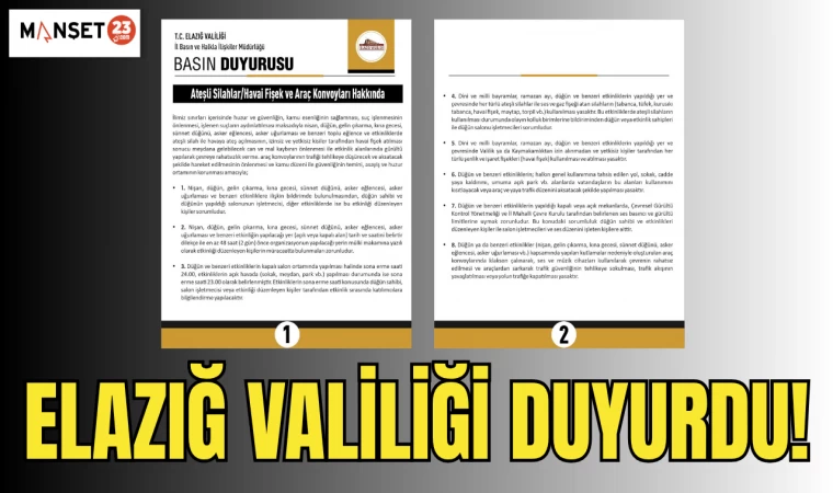 ELAZIĞ VALİLİĞİ DUYURDU!