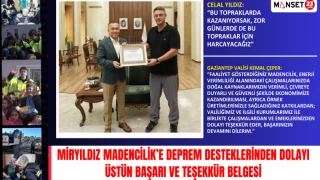 MİRYILDIZ MADENCİLİK’E DEPREM DESTEKLERİNDEN DOLAYI ÜSTÜN BAŞARI VE TEŞEKKÜR BELGESİ